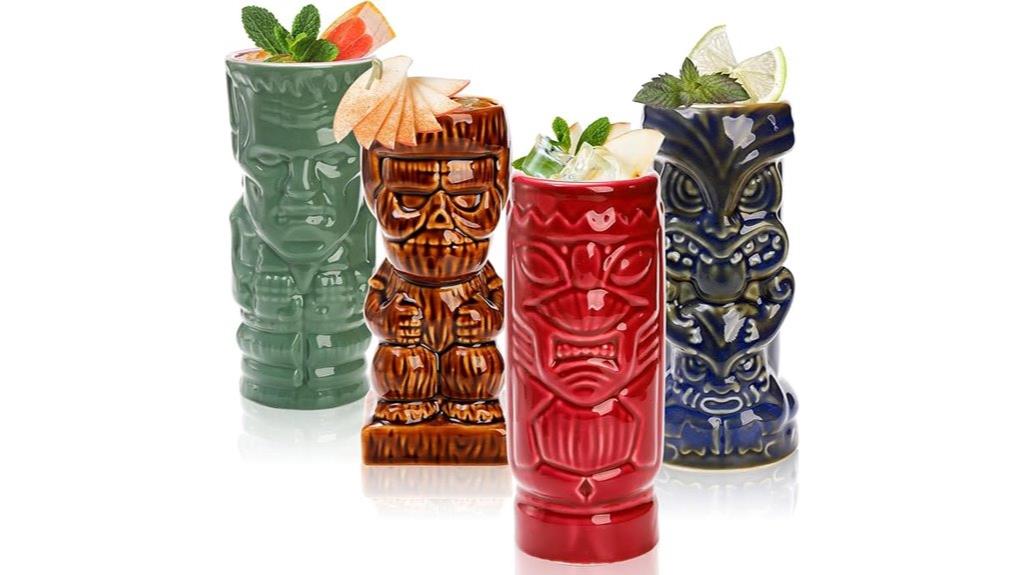 set of four ceramic tiki glasses