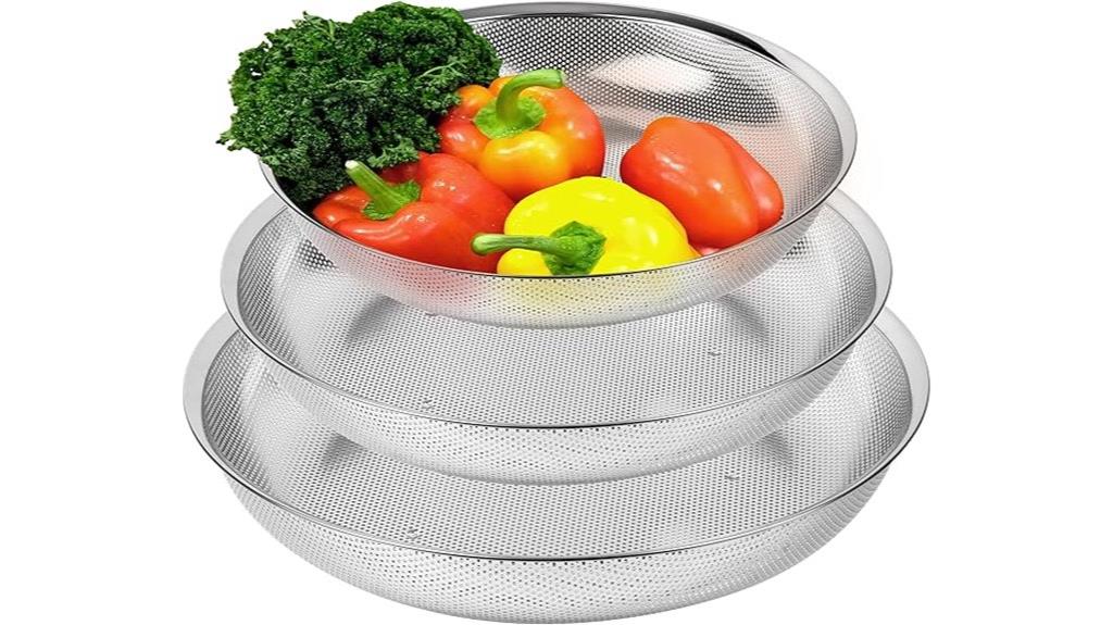 three stainless steel colanders