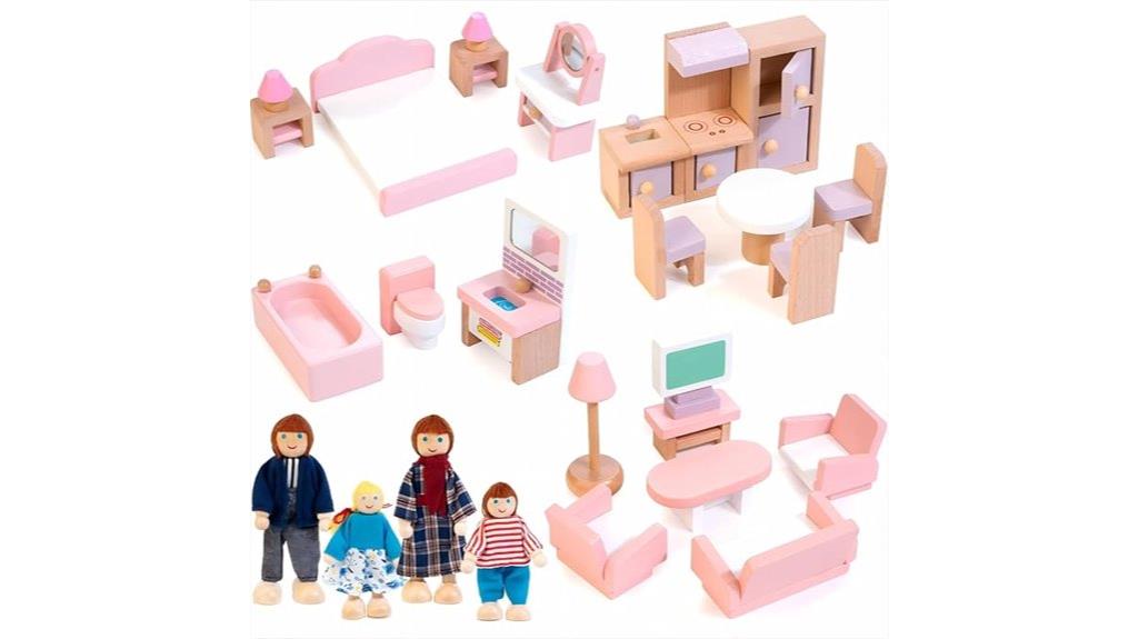 wooden dollhouse with dolls